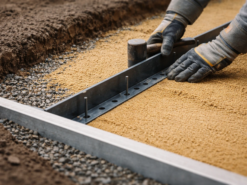 Close-up of paver edge restraints installed along a perimeter with screeding leveled bedding sand.