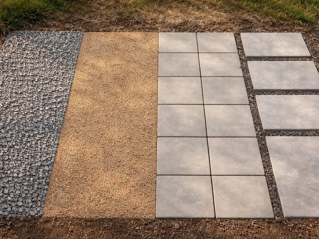 Minimal side-by-side patio material samples showing gravel, decomposed granite, pavers, and stepping stones textures