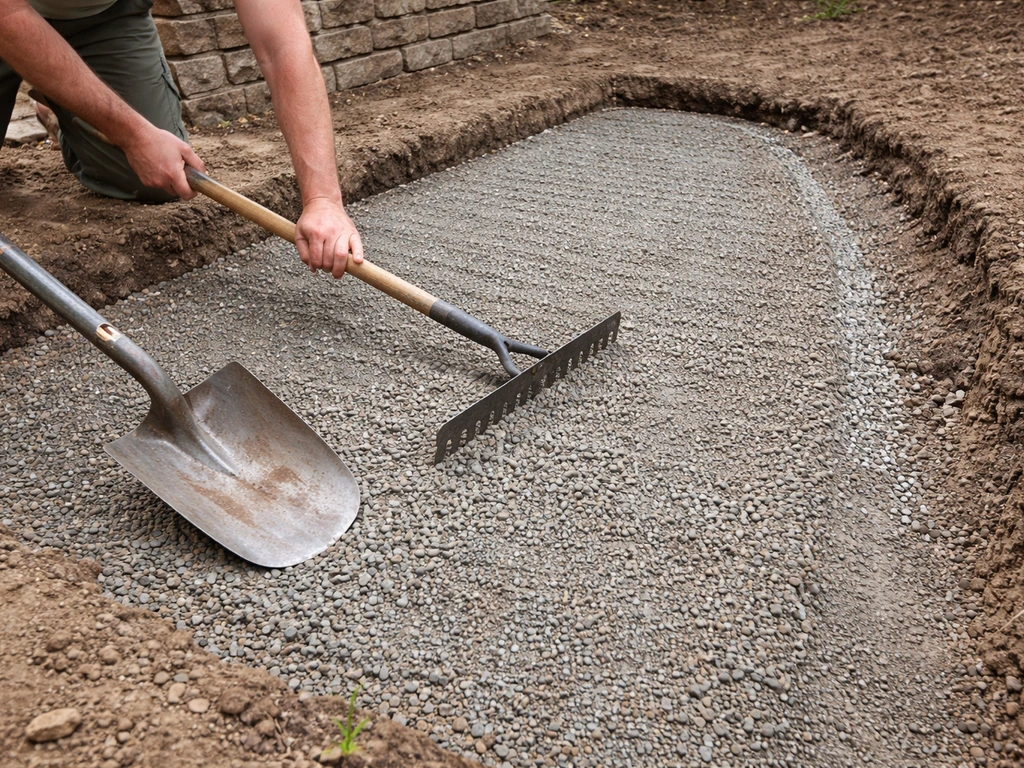 DIY hands shovel and rake a compacted gravel base, grading a slope toward drainage with no pooling.