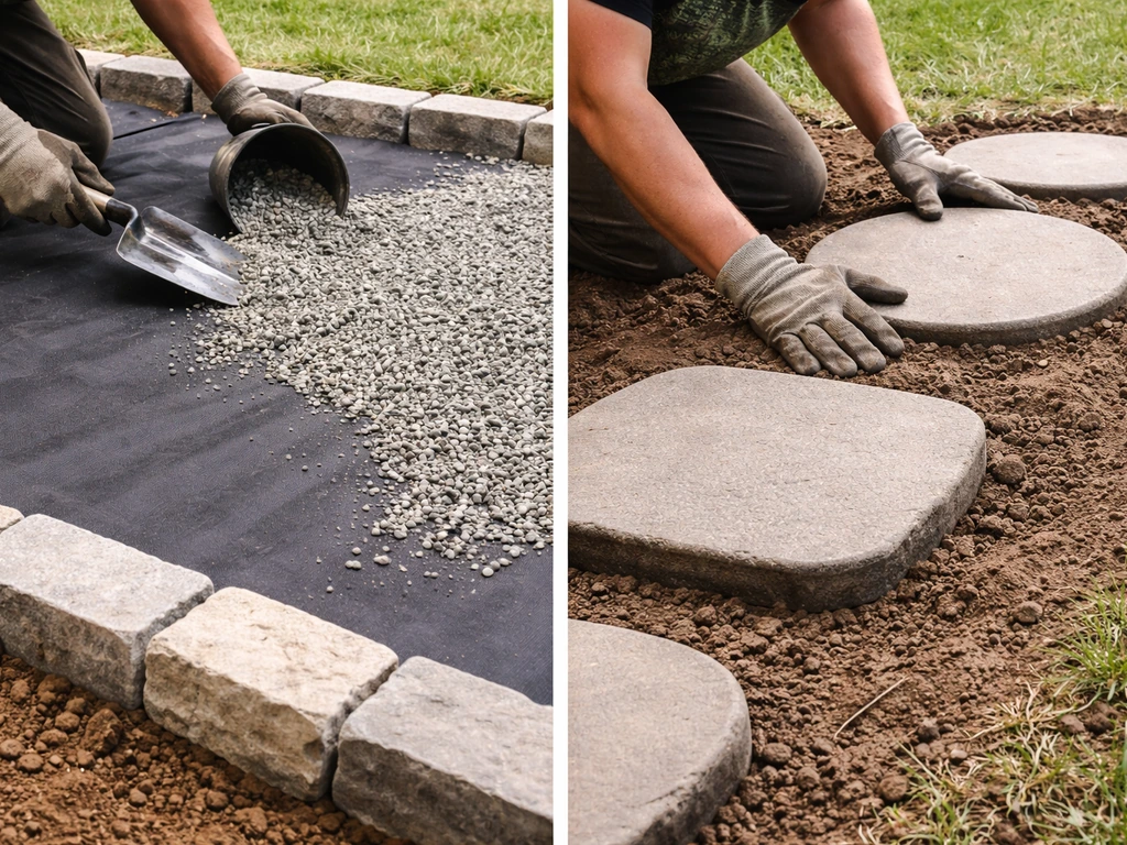 Split view of patio installs: gravel/DG fabric leveling on one side and stepping stones placed on existing ground.