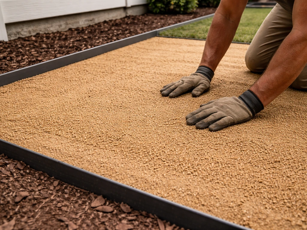Worker spreading decomposed granite evenly with crisp metal edging around a new patio perimeter.