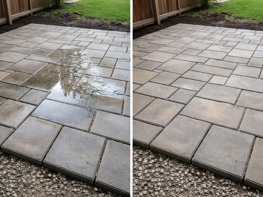 Split patio scene: left side puddled from poor slope, right side dry with proper graded base and leveled pavers.