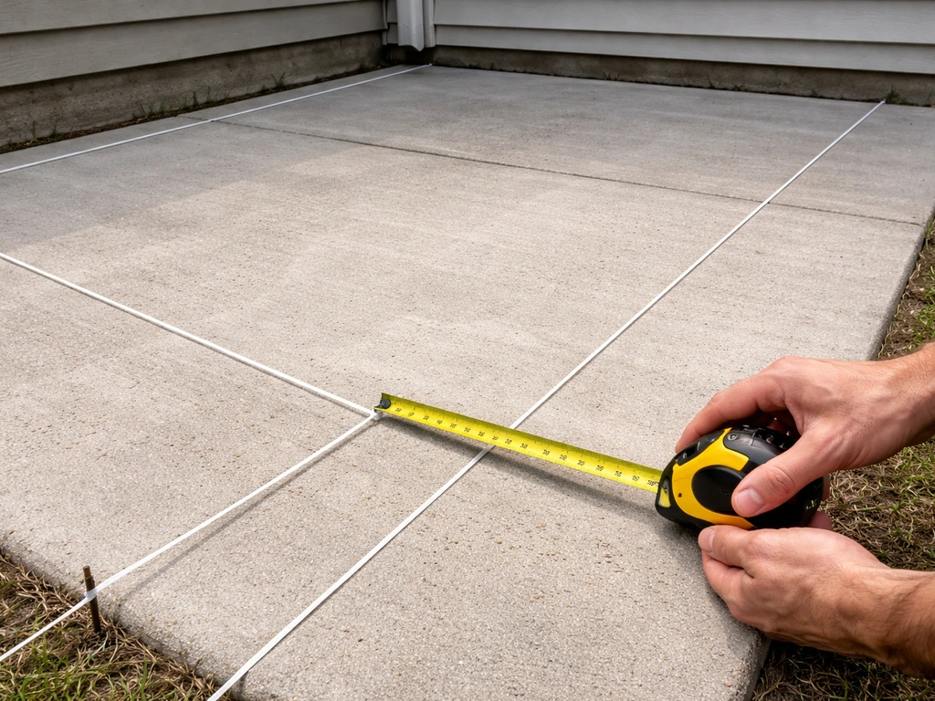 Hands measuring a patio with a tape measure and string lines laid out near a house