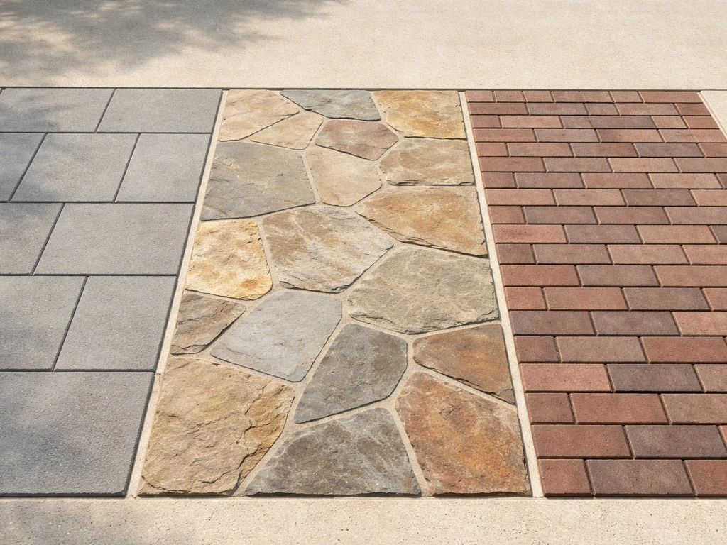 Side-by-side patio surface samples showing concrete pavers, flagstone, and brick textures.