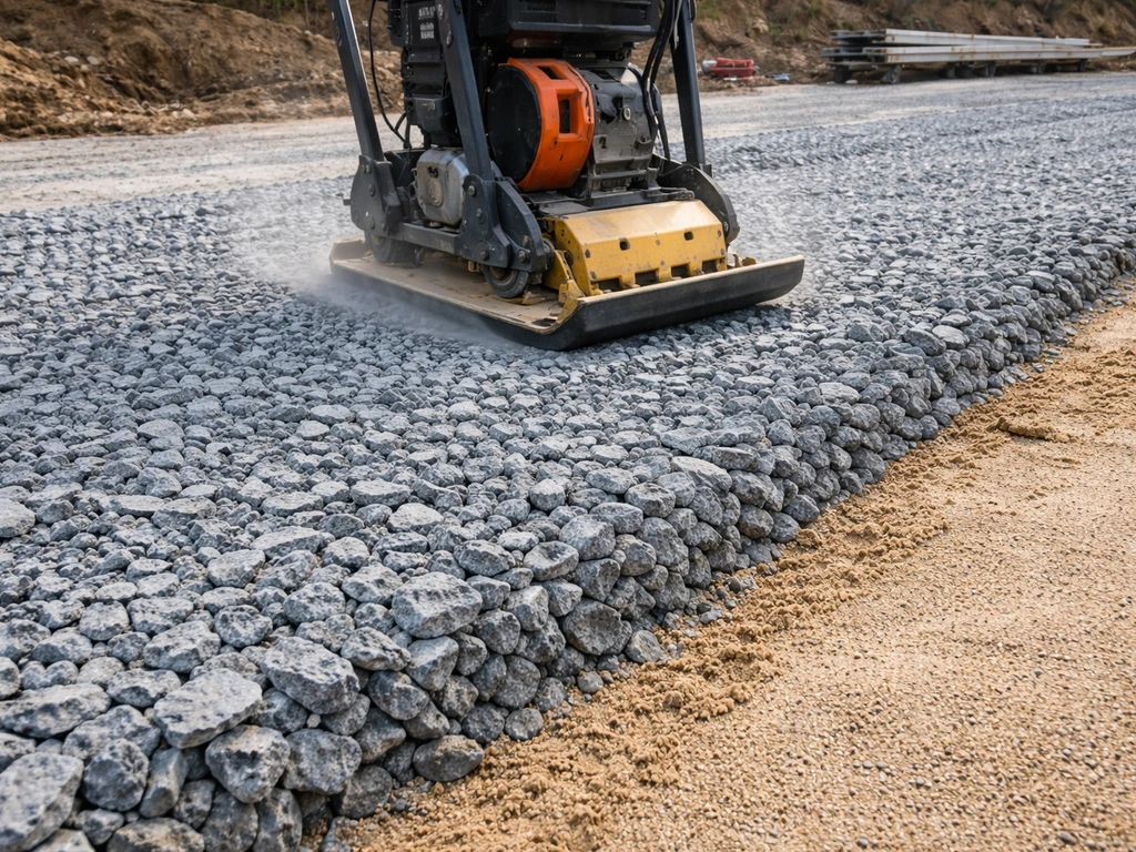 Plate compactor compacting angular crushed stone subbase with bedding sand nearby on a quiet worksite.