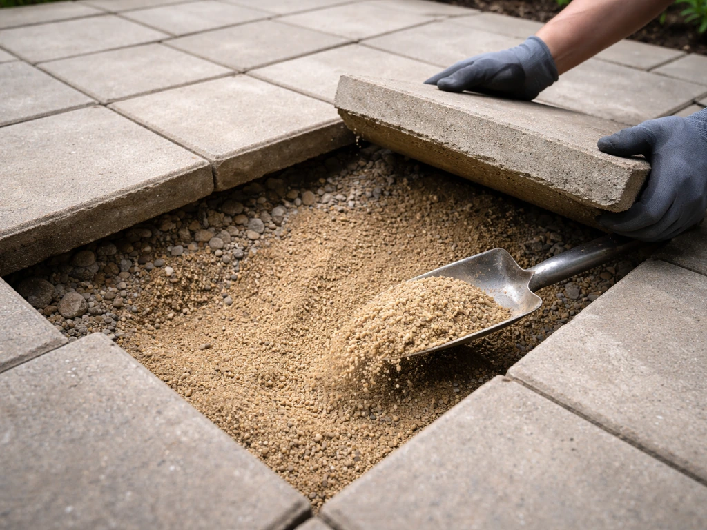 Person lifting a sunken patio paver and backfilling the low spot with sand