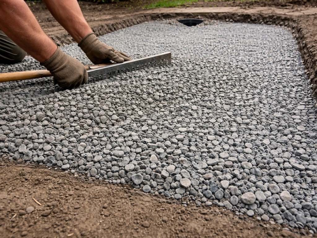 Close view of crushed-stone subbase being spread and leveled for drainage under a patio base.