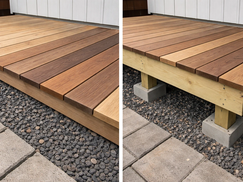 Close-up of ground-level vs raised deck concepts with light, medium, and dark wood planks laid out.
