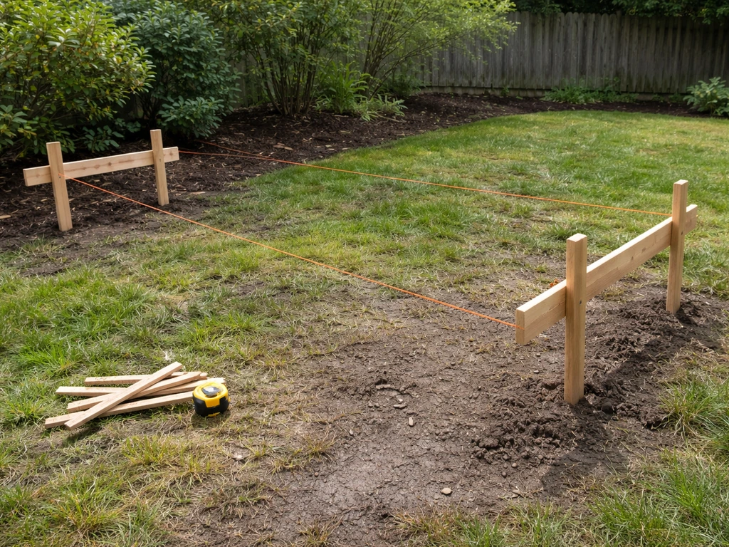 Patio footprint layout in a yard with batter boards and taut mason’s line marking corners.