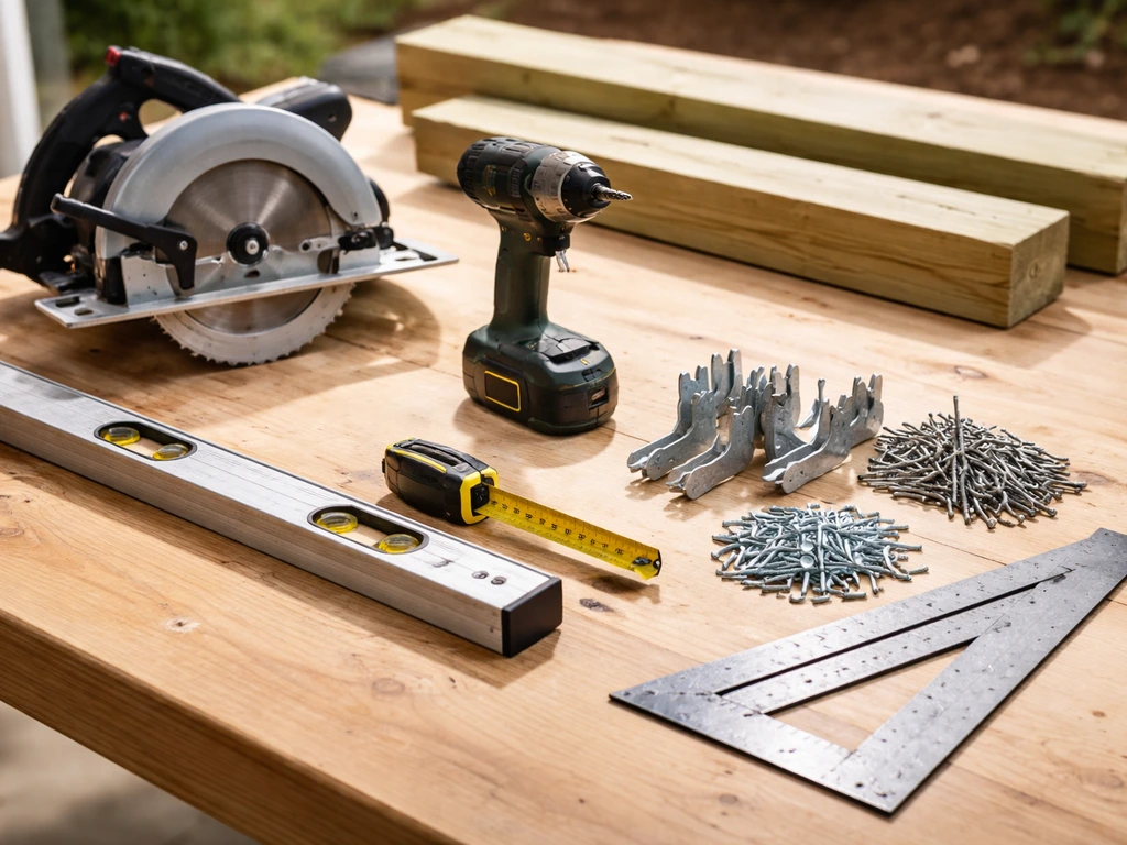 DIY framing tools and fasteners laid out neatly on a wooden workbench with a tape measure and drill.