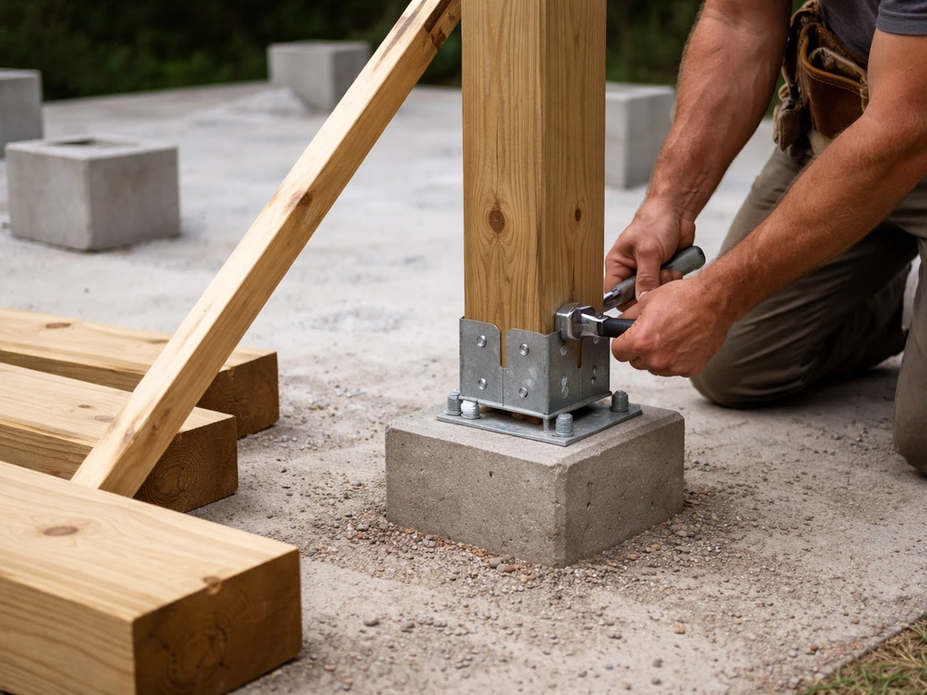 Carpenter installing plumb lumber posts on concrete piers using metal post bases and temporary diagonal bracing.