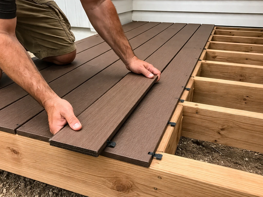 Hands placing the first decking board with small spacers for consistent gaps on a newly built deck.