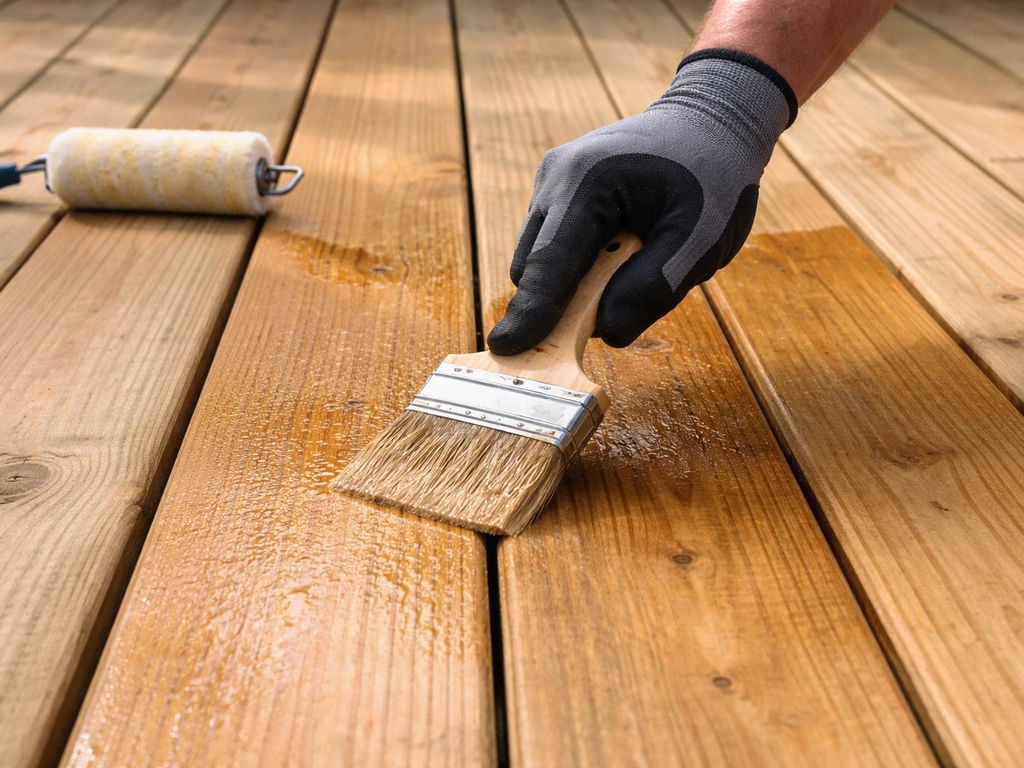Hand applying penetrating stain to dry deck boards with a visible wet sheen before it cures.