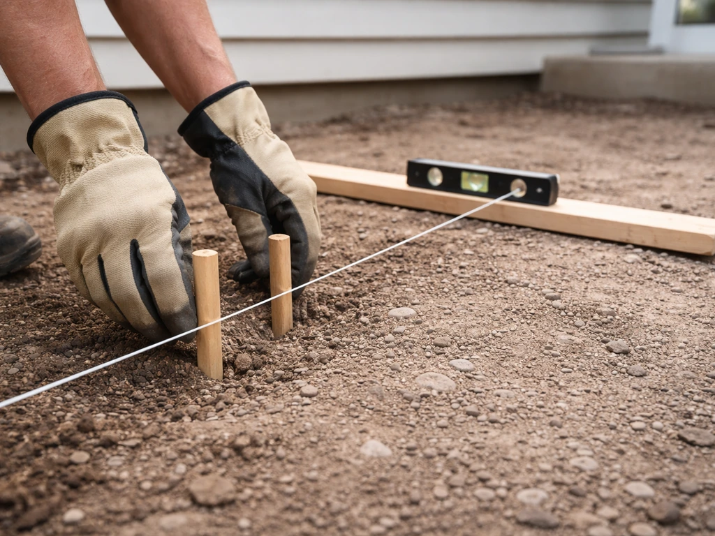 Hands setting patio stakes and a string line with a level showing slope away from the house.