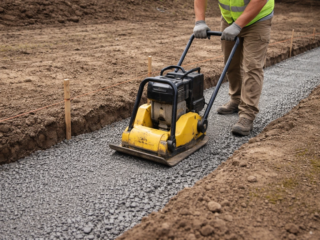 Worker leveling and compacting gravel subbase along a patio perimeter marked with stakes and string