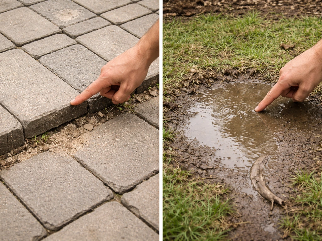 Two yard problem spots side-by-side: uneven pavers on one side and water pooling on the other.