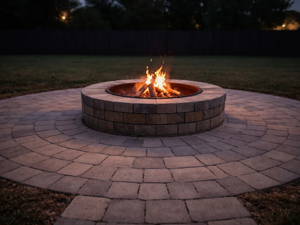 Low wide view of a completed circular paver patio with a centered stacked-block fire pit glowing at dusk.