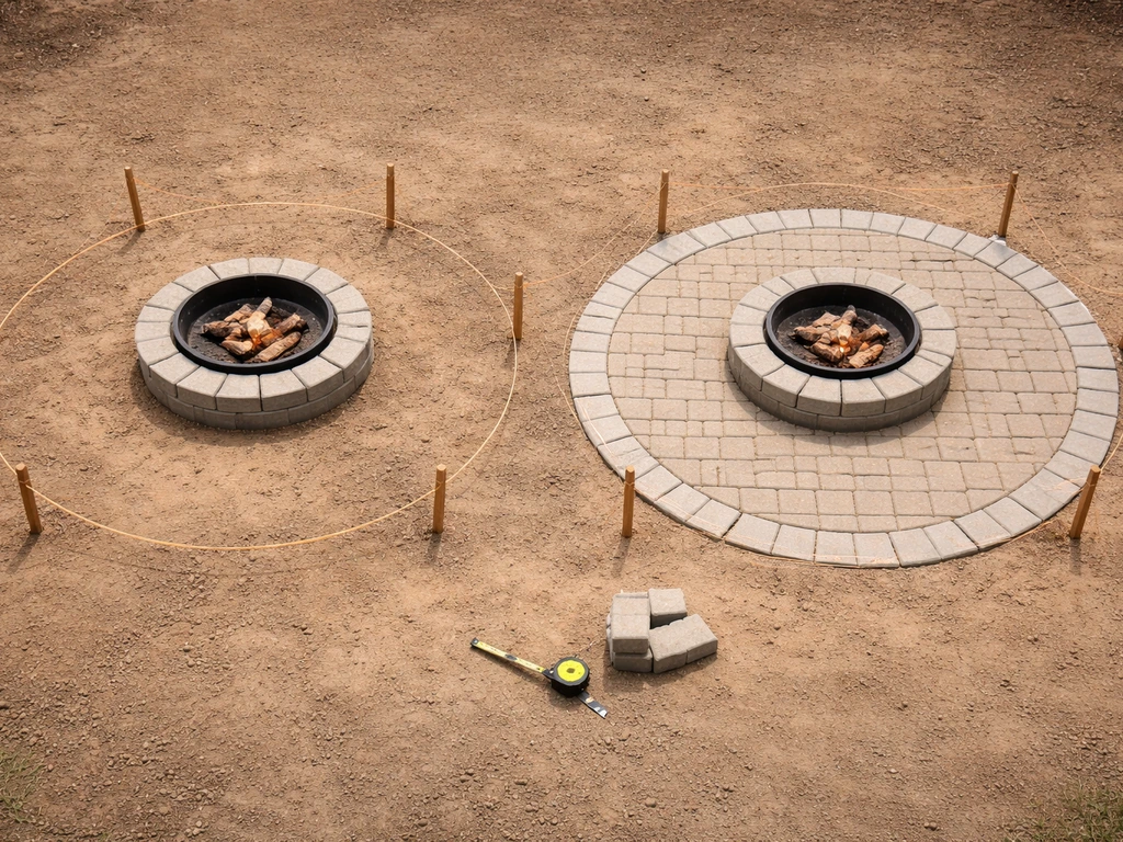 Top-down view of two DIY fire pit patio layout options marked with stakes, string, and paver outlines.