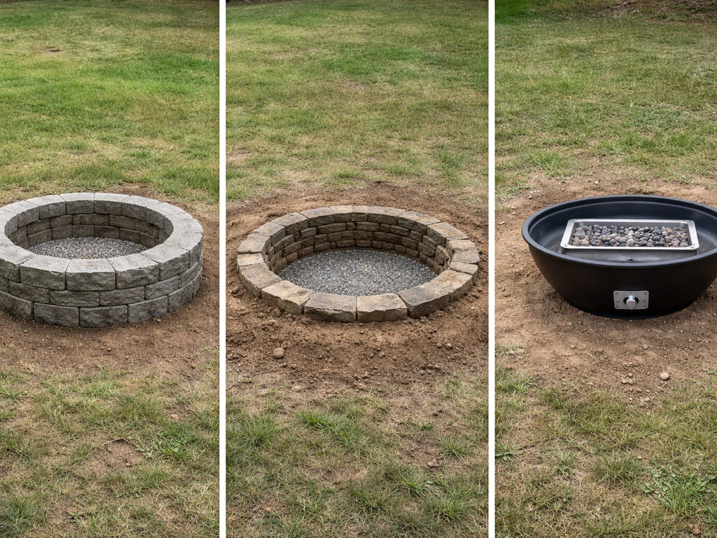 Side-by-side photos of three DIY fire pit builds: block/stone ring, semi-in-ground pit, and gas burner setup.