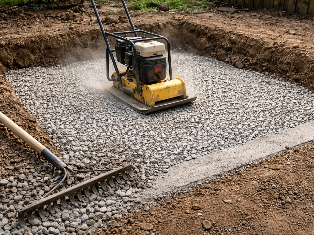 Worker compacts 2-inch gravel base with a plate compactor; crushed stone leveled in an excavation