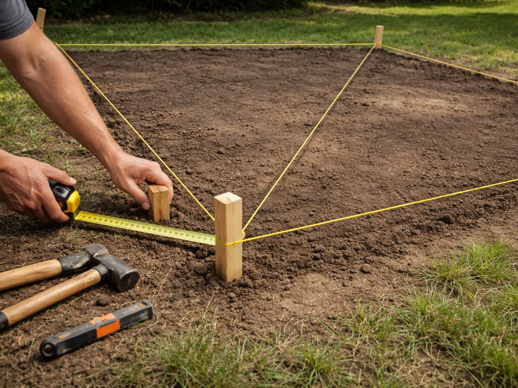 Hands placing stakes and mason’s line to outline a rectangular patio perimeter in a yard.