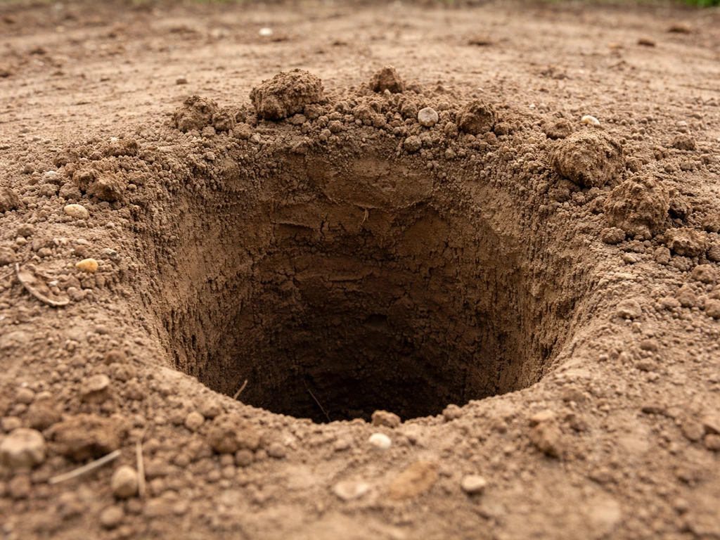 Close-up of a small test hole in soil, showing earth texture for patio ground conditions.