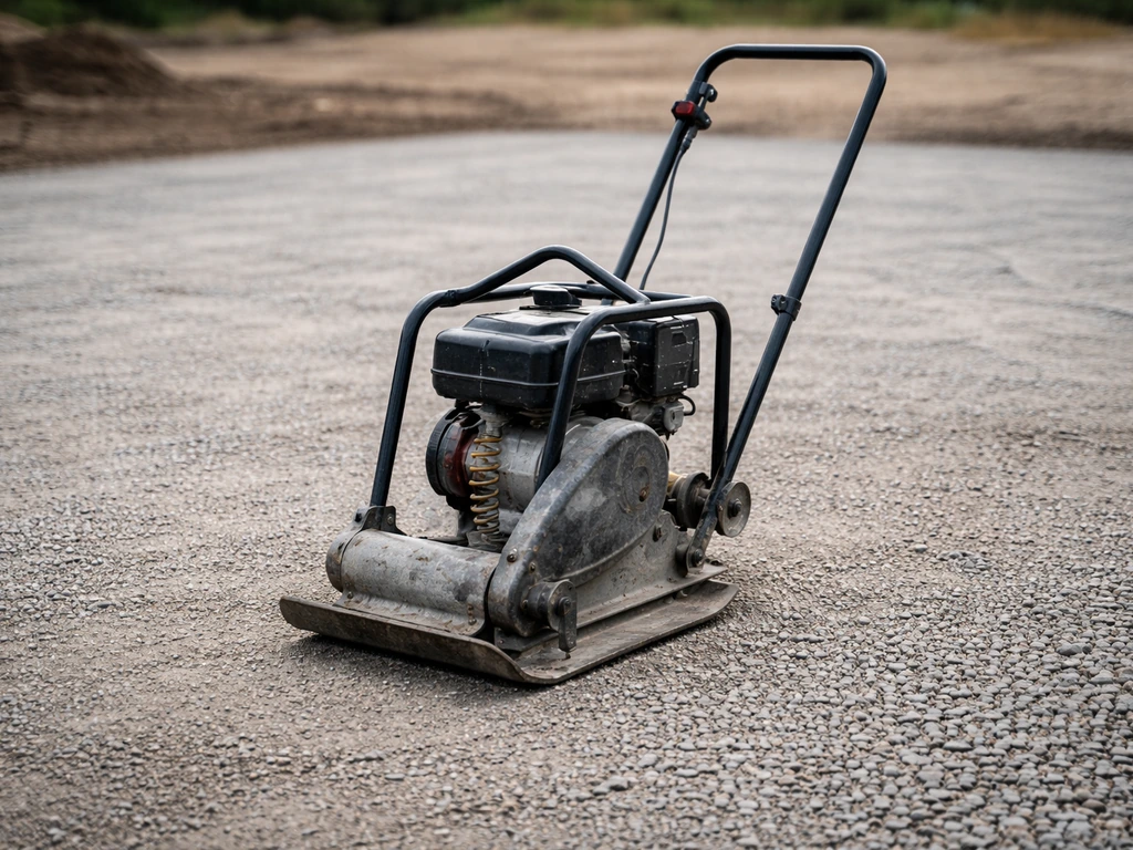 Vibratory plate compactor on a prepared gravel sub-base at a quiet construction site.