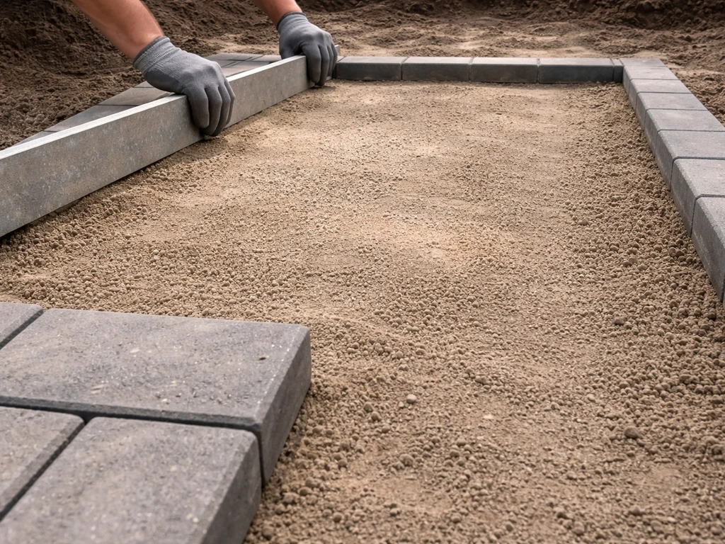 Gloved hands leveling a patio base and laying pavers in a clean straight line.