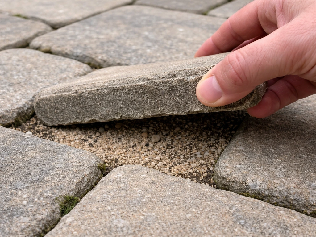Hand lifting a slightly rocking paver from uneven patio, showing dust and joint sand gaps.
