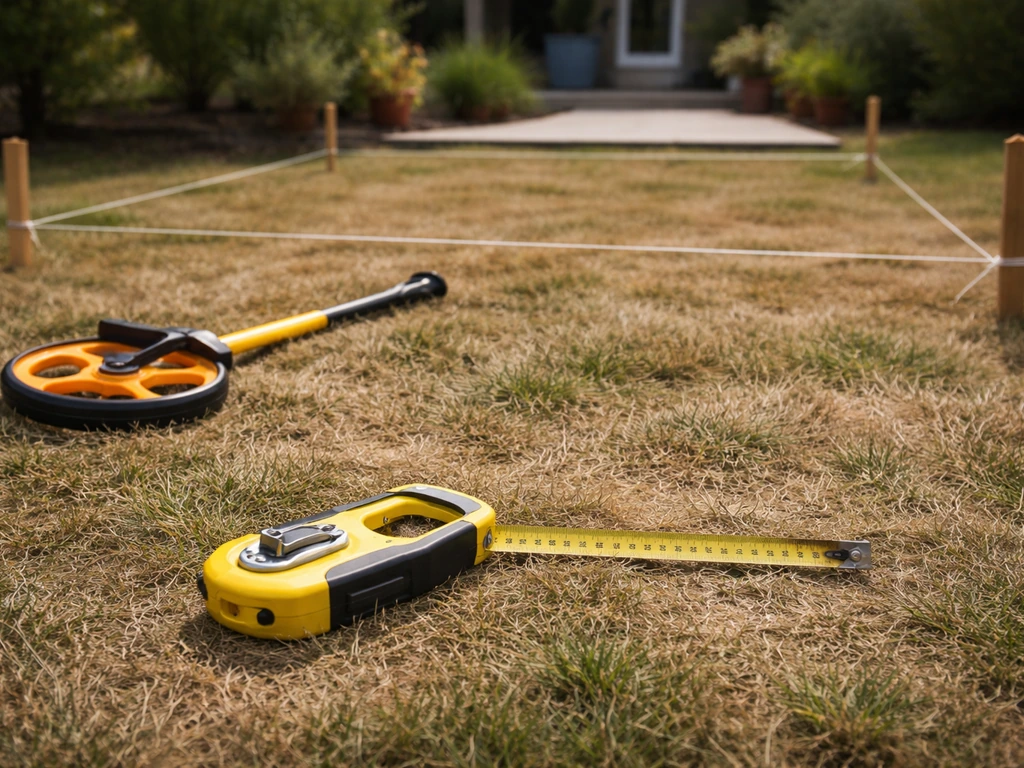100-foot tape measure and a stake-and-string outline marking a backyard patio footprint