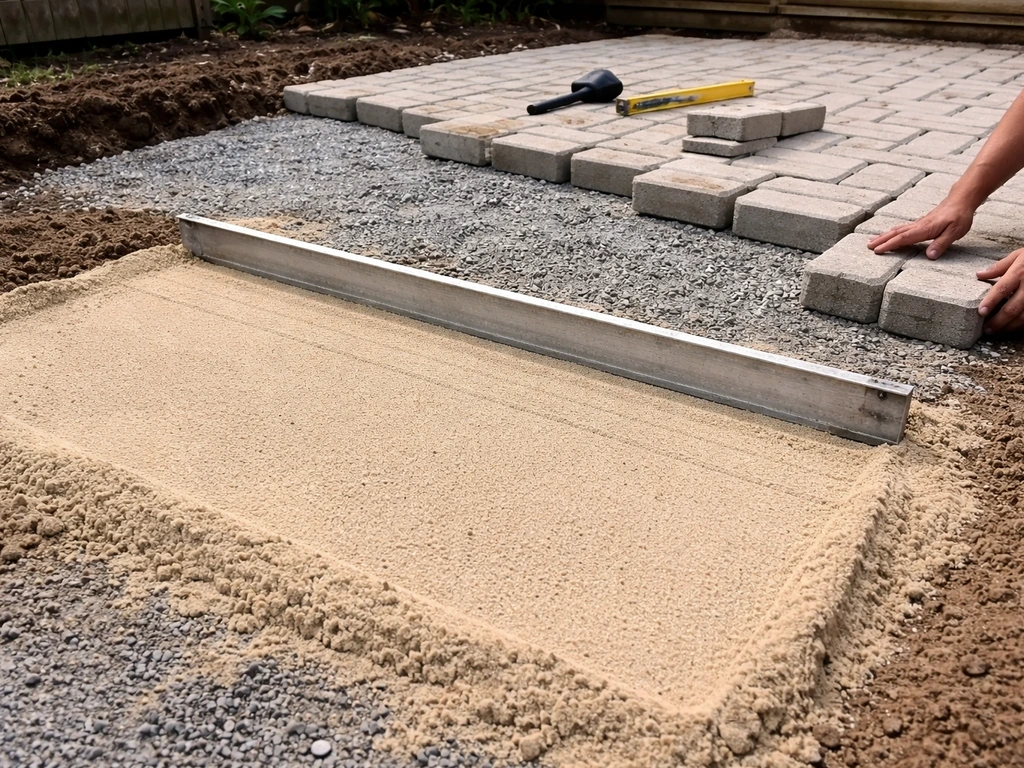 Homeowner’s crew setting concrete pavers on leveled bedding sand over a compacted patio base