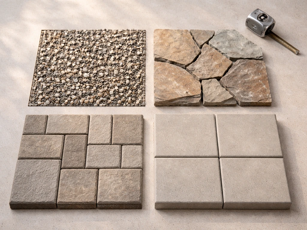 Flat-lay of gravel, flagstone pieces, concrete pavers, and a small concrete slab on a table.