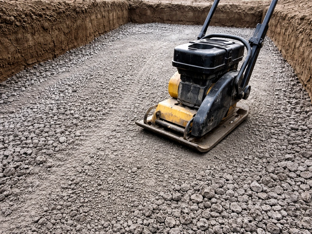 Plate compactor compressing crusher-run gravel in a patio excavation area