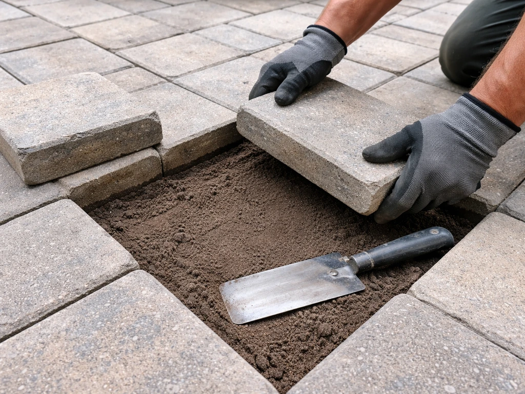 Close-up of patio pavers being lifted and reset while bedding sand is leveled to stop rocking.