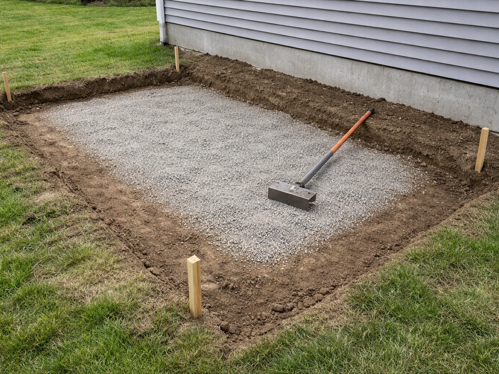 Bare deck footprint with compacted gravel base and a visible slope draining away from the house