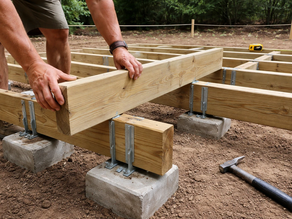 Hands installing deck joists on concrete footings using joist hangers and a level string line.