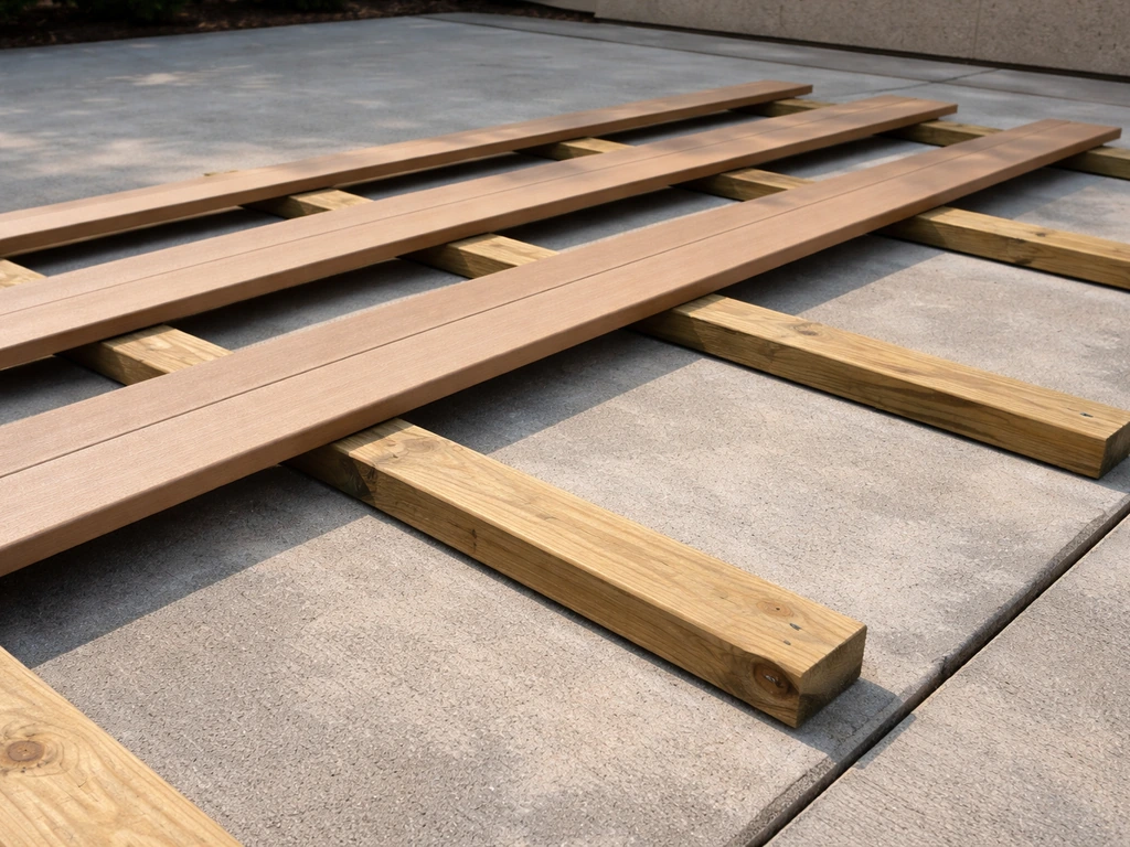 Wood sleepers spaced over an existing concrete patio slab with drainage gaps for a deck overlay