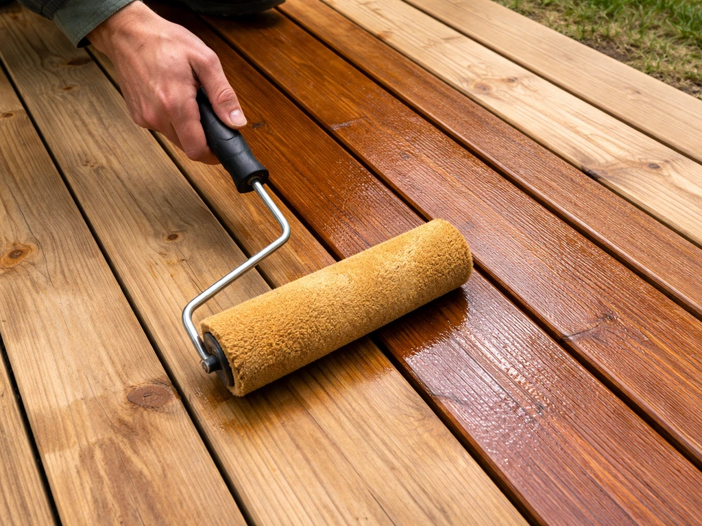 Hands rolling penetrating deck stain on pine boards, showing wet-to-dry color contrast.