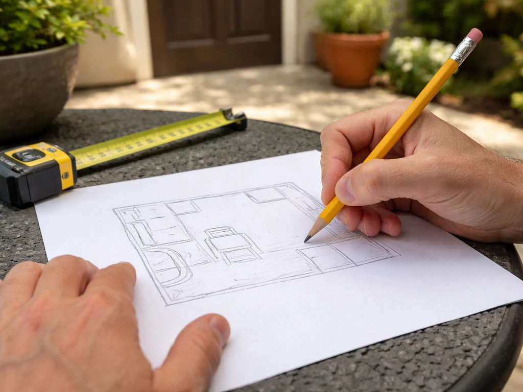Person’s hands sketching a simple patio layout on paper with a few notes and a measuring tape nearby.