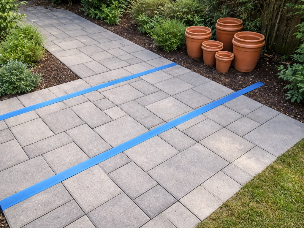 Garden walkway with taped 36–48 inch clearance bands and terracotta pots tucked in the corner.