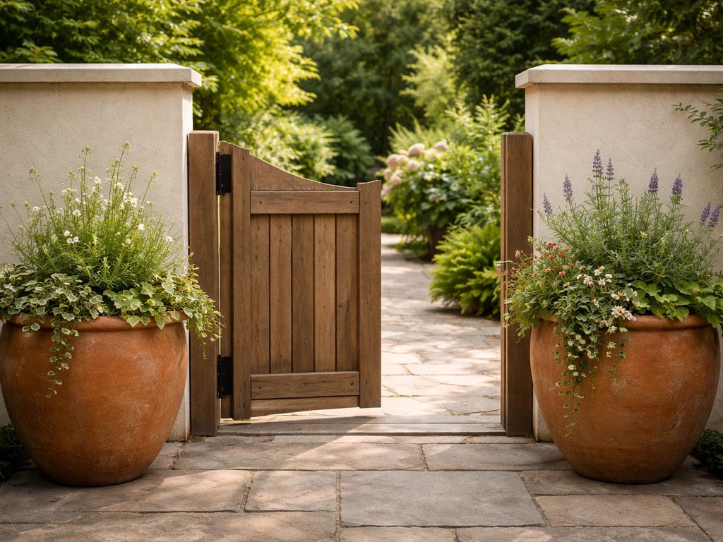 Symmetrical patio doorway framed by two matching terracotta planters with green plants.