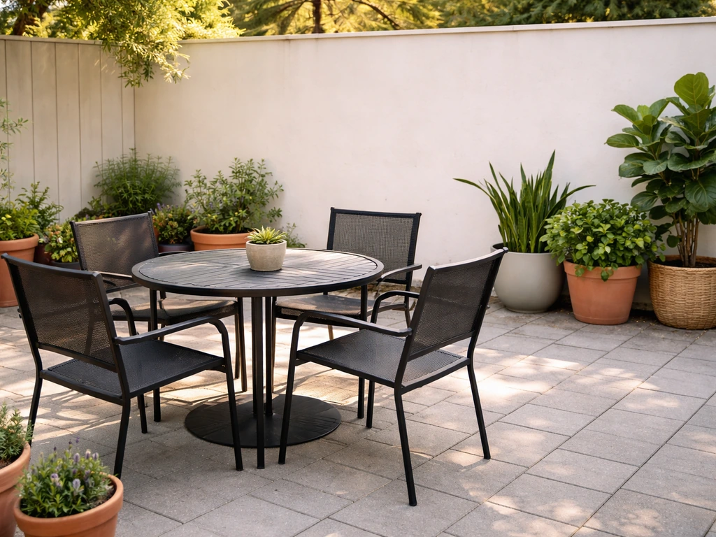 Outdoor seating area with a table and chairs, greenery pots clustered in one corner away from seats