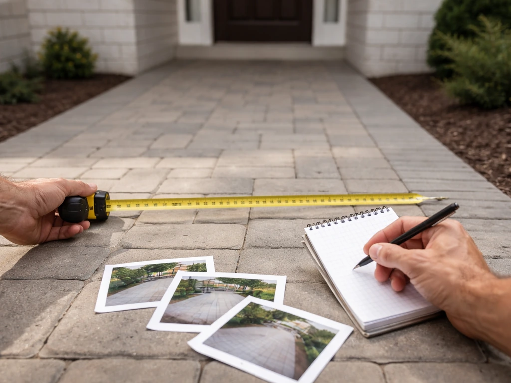 Hand using a tape measure on a front patio while holding a notepad to record width and depth