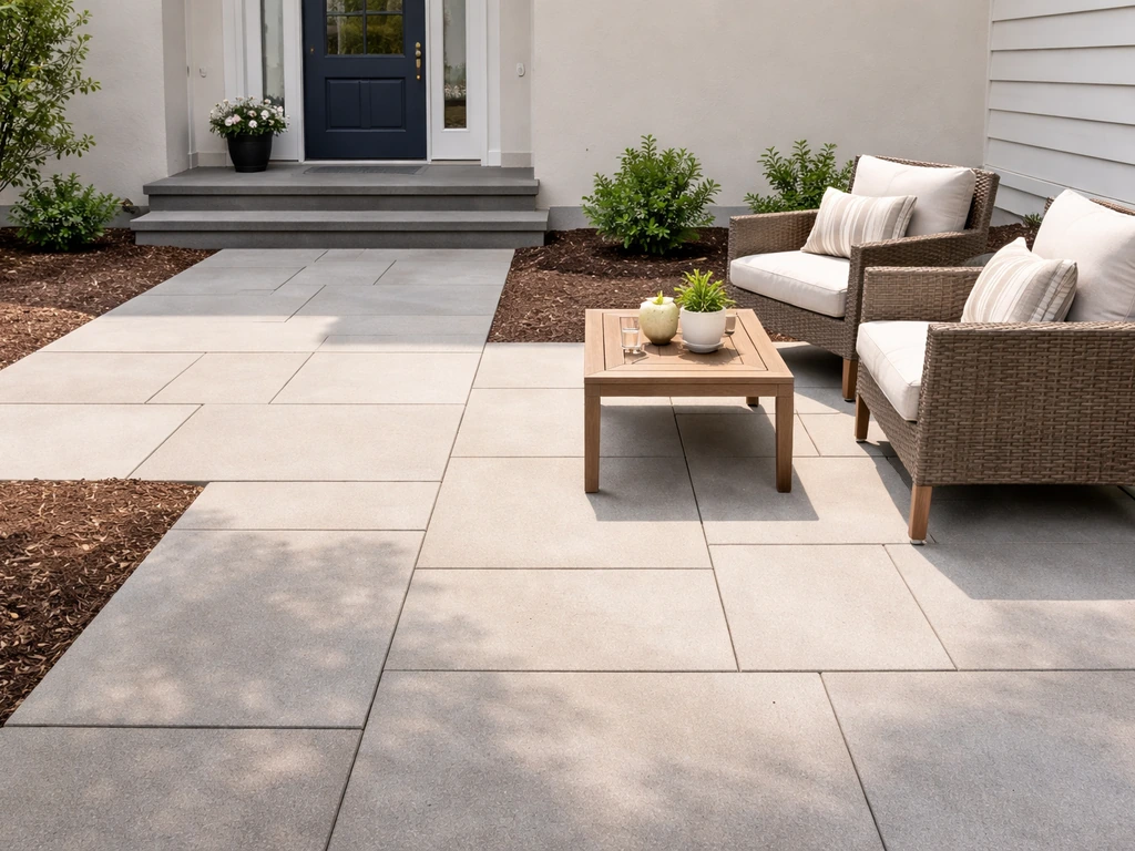 Minimal patio plan view showing a clear main walkway and wider clearance around a seating zone