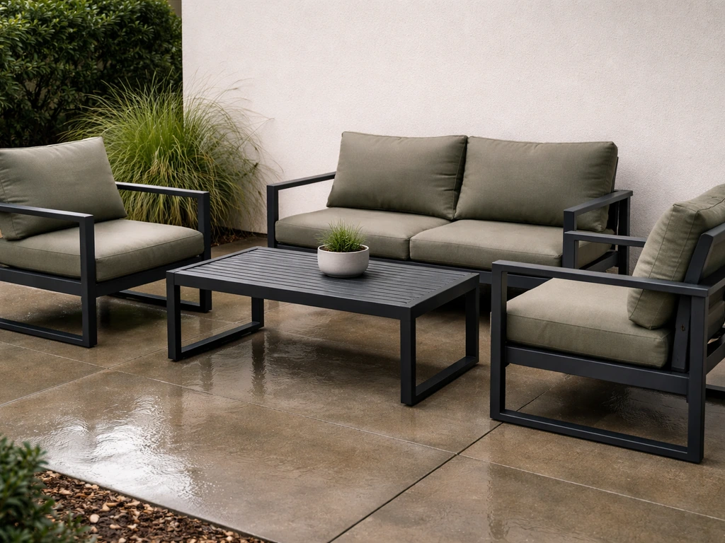 Powder-coated aluminum patio set beside weatherproof outdoor cushions on an exposed front patio.