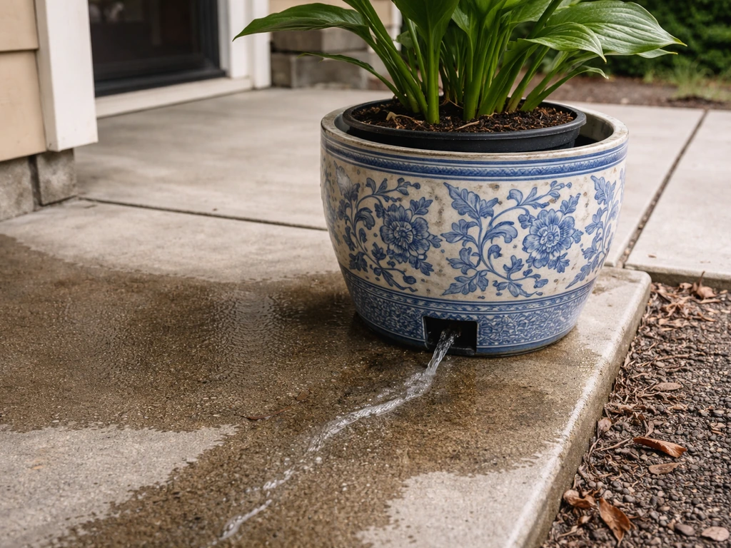Outdoor patio planter showing a nursery pot inside a decorative cachepot with a drainage hole and water draining away.