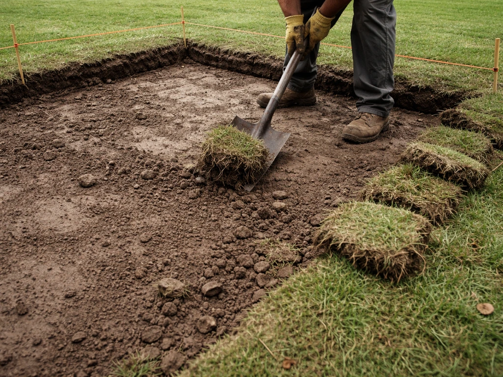 Worker using a shovel to remove sod while exposing patio subgrade with boundary strings and stakes