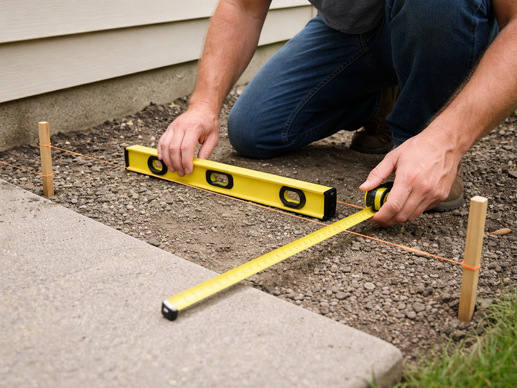 Homeowner kneeling with a level and measuring tape beside stakes and string marking patio slope for drainage.