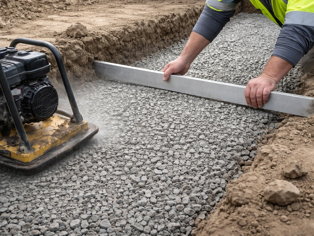 Crushed angular gravel base being leveled and compacted with a rented plate compactor.