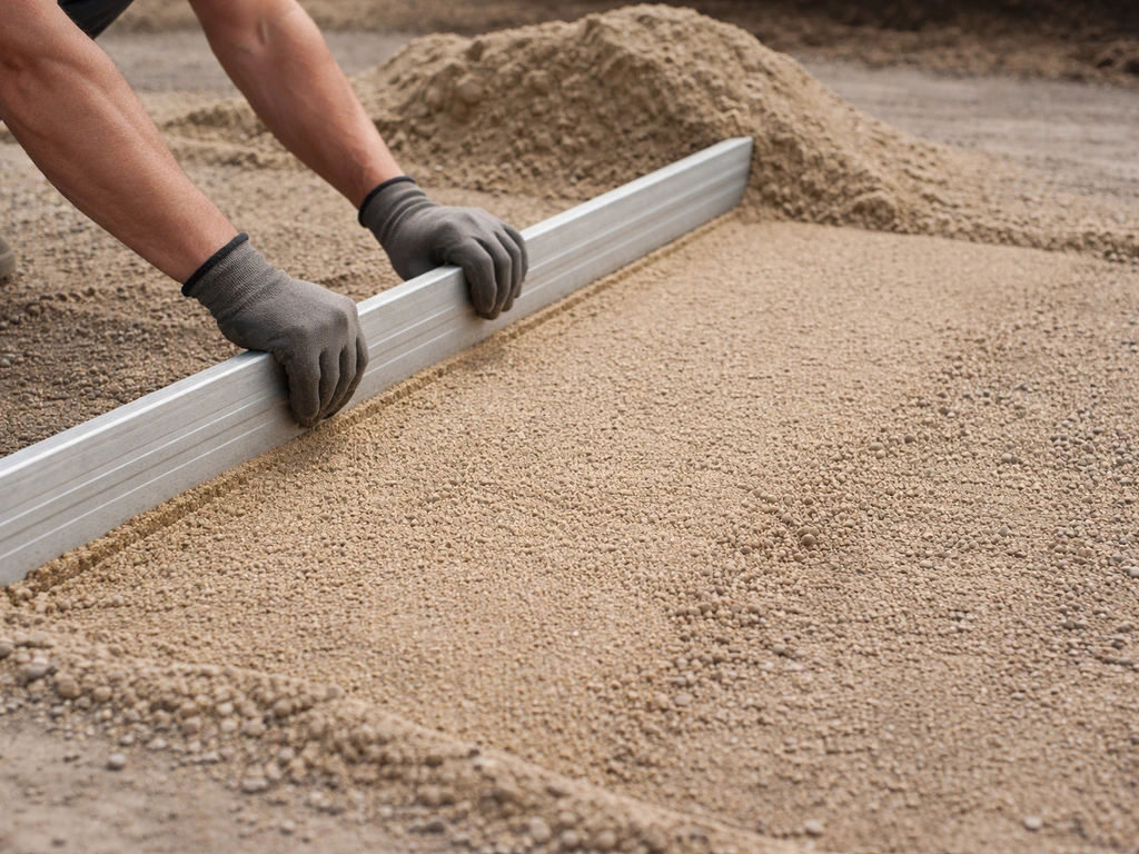 Gloved hands spread and screed coarse concrete sand over a compacted base for pavers.